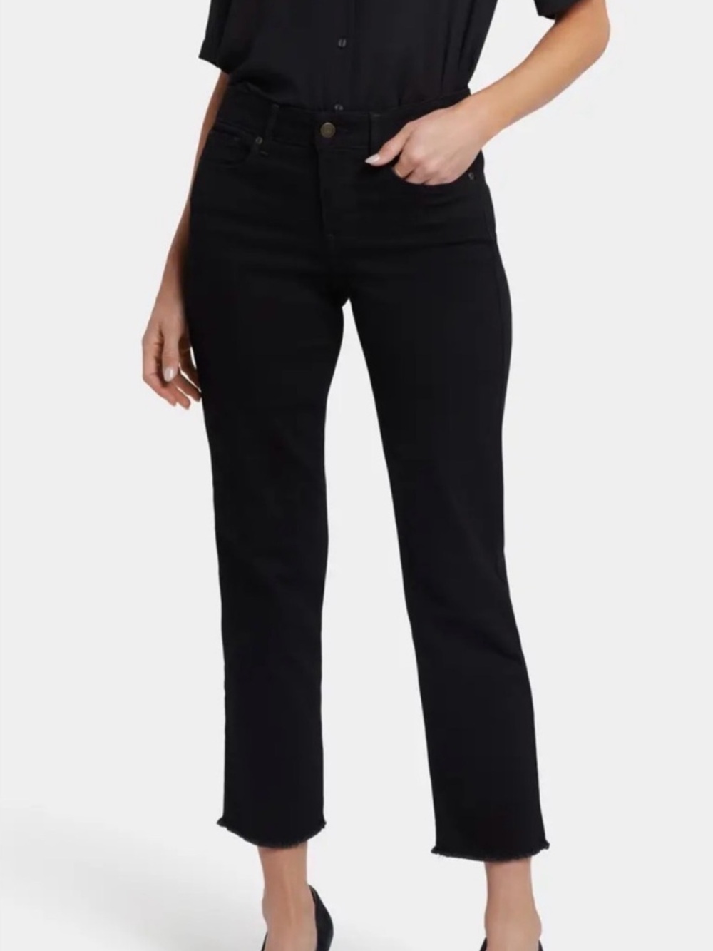 NYDJ Marilyn Straight Lift Tuck Black Jeans Raw Hem Ankle Women’s 8